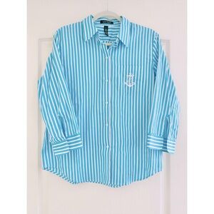 Ralph Lauren Button Down White Blue Turquoise Stripe Crest Cuffed Sleeves NWOT